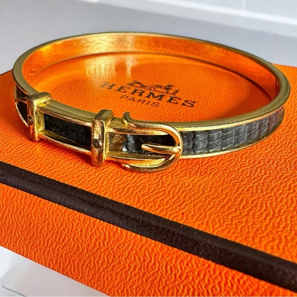 HERMES Black Reptile Embossed Leather & Gold Belt Bangle Bracelet with Box - Picture 1 of 10